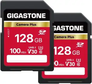 GIGASTONE 128GB SDXC Speicherkarte 2er-Pack, Kamera Plus, bis zu 100 MB/s, für V