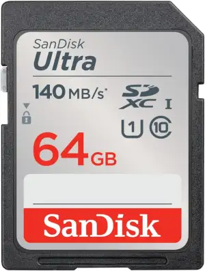 SanDisk Ultra SDXC UHS-I Speicherkarte 64 GB (Für Kompaktkameras der Einstiegs- und Mittelklasse, Full HD-Videos, U1, C10,V10, bis 140 MB/s Lesegeschwindigkeit, 10 Jahre Garantie)