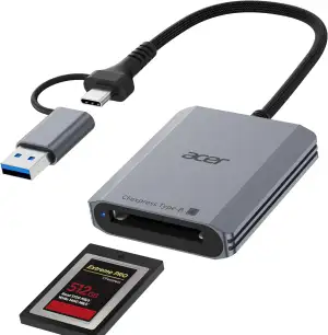 acer CFexpress Typ-B Kartenleser 10Gbps, USB-C+A Stecker auf CFB Card Reader, USB 3.2 Gen 2 bis zu 1250MB/s Speicherkartenleser für Laptop/PC/Tablet, iPhone 15-17, Samsung S26, MacBook iPad Pro usw.