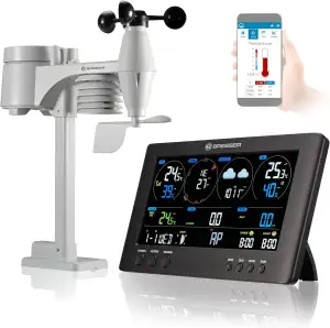 Bresser 7002586 Wetterstation Funk mit Aussensensor ClearView Wettercenter mit WLAN und 7-in-1 Profi-Sensor für Wind, Luftfeuchtigkeit, Temperatur, Niederschlag, UV-Level und Lichtintensität, Schwarz