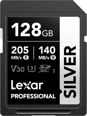 Lexar Silver SD Karte 128GB, UHS-I SDXC Card 205 MB/s Read Speed, 140 MB/s Write Speed, V30, U3, C10, 4K UHD Video, SD Card Memory Card with Lexar Lifetime Data Recovery